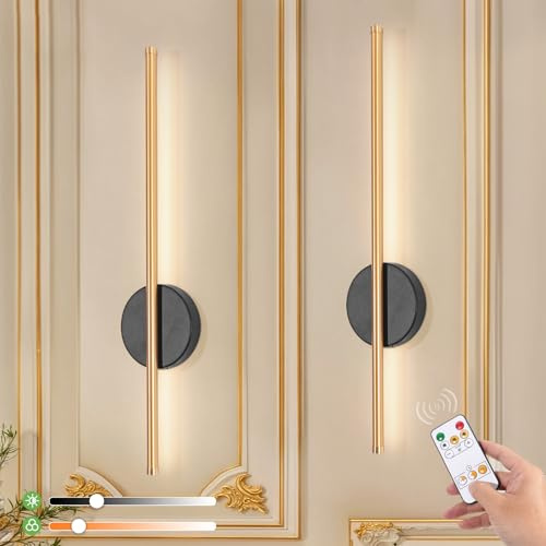 Kimjo 60cm Battery Operated Wall Lights, Rechargeable Wall Lamps with Timer Function, Wireless Wall Sconce with Dimming Function, Black and Gold Wall Mounted Lights with Remote Control, 2 Packs