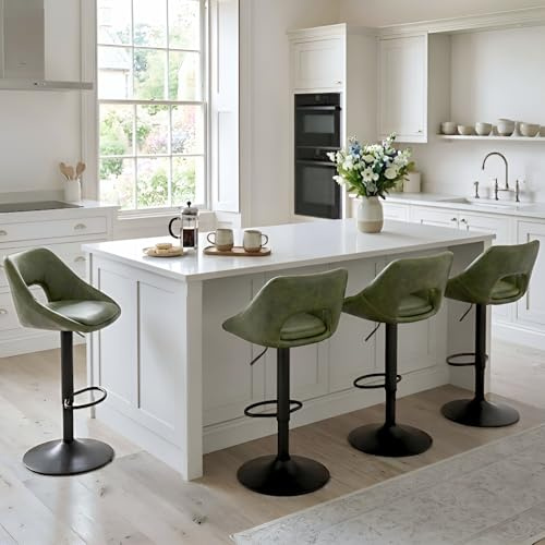 DAYALANE 4PCS Swivel Adjustable Bar Stools with Open Curved Back, Green | Easy-care Fabric, Wide Stable Base, Adjustable Height for Different Counter, Space-saving, Comfort Backrest & Footrest