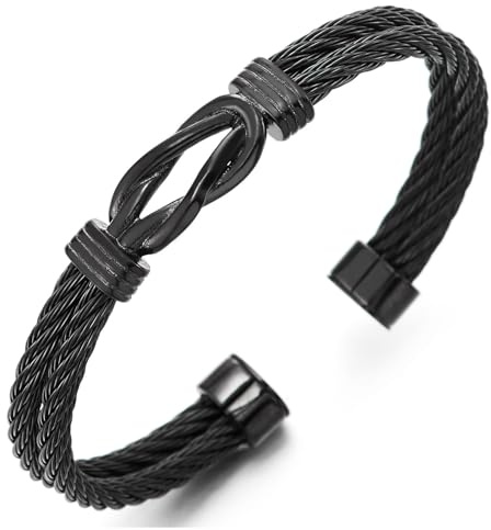 COOLSTEELANDBEYOND Herrarmband ihåligt svart stål flätat dubbelt oändligt knut öppet armband
