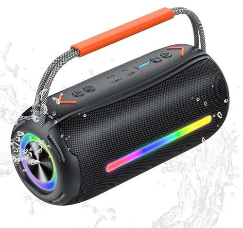 Portable Bluetooth Speaker with Handle, 40W Powerful Stereo Sound with Dual Bass Drivers, RGB Lights, IPX7 Waterproof, 30H Playtime, TWS Pairing/AUX/TF, Wireless Speaker for Party/Outdoor/Travel