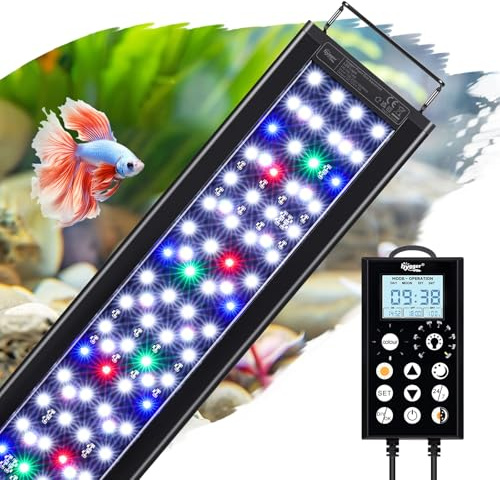 hygger Aquarium Beleuchtung LED, Aquarium Licht, Aquarium lampe 24/7 beleuchtung für aquarien mit Controller, 5 Modi mit Timer, 8 Farben, verstellbare 10 Helligkeit, erweiterbare Halter, 18W, 30-45CM
