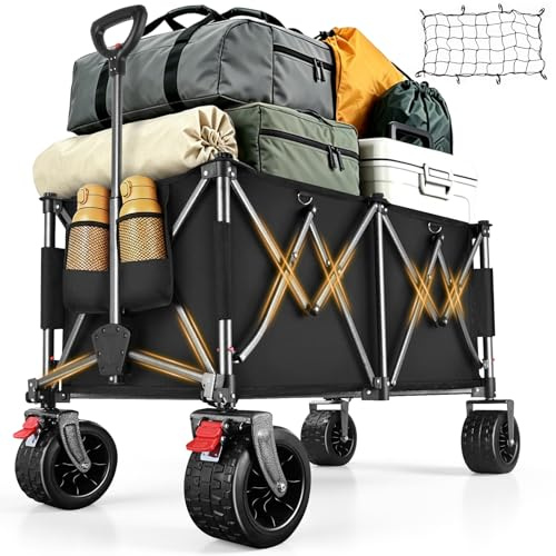 YEAUPE PRO Carro Playa Plegable Todo Terreno – con Frenos Dobles, Ruedas Anchas y Estructura Reforzada, Gran Capacidad (200L/150kg), Mango Ajustable, Playa, Camping, Negro