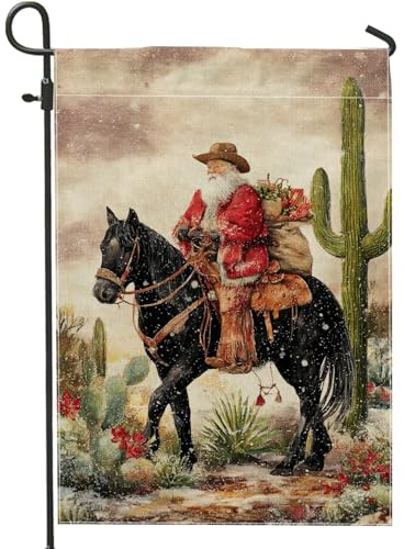 Bandiera da giardino di Babbo Natale, rustica con cavallo, cactus, in iuta rossa, su entrambi i lati, decorativa, per esterni, prato, portico, patio, ingresso, 30,5 x 45,7 cm
