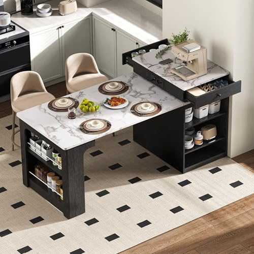 KecDuey Isla de Cocina con Ruedas, Carrito de Servir, Mesa de Comedor Extensible con Tablero Desmontable, Mesa de Bar con regletas de enchufes, Sirve como Isla de Cocina