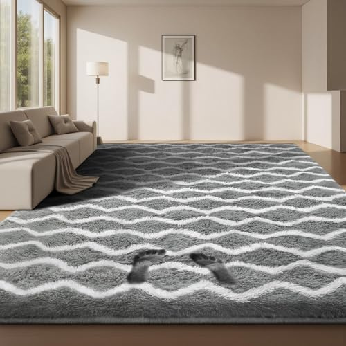 Treeboy Living Room Rug Dark Grey And Black White Area Rugs 200X300 Bedroom | Non Slip Carpets Fluffy Shaggy Modern Washable Modern Rugs For Lounge, Thick Floor Bedside Rugs For Kids Nursery Room