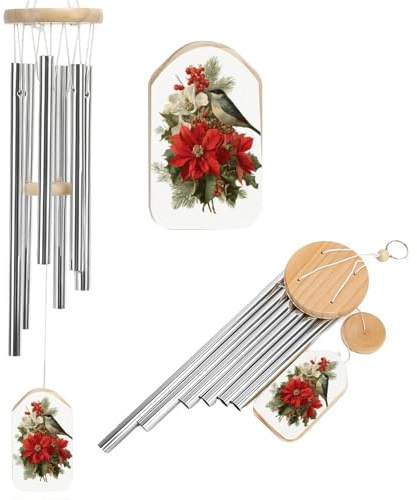 Vintage Christmas Missteltoe Red Puansetia Bird Windspiel Memorial Deep Tone Windspiel mit 6 Aluminiumrohren Outdoor Hinterhof Garten Dekoration