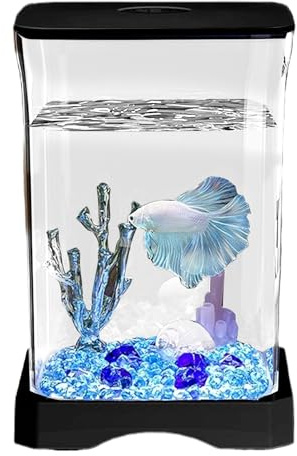 Betta Fish Tank – Akryl 4,65x6,97 tum 350g | Akvarium Tank | Små fiskhus med atmosfärisk korall och turkosa pärlor för skrivbordsdekoration