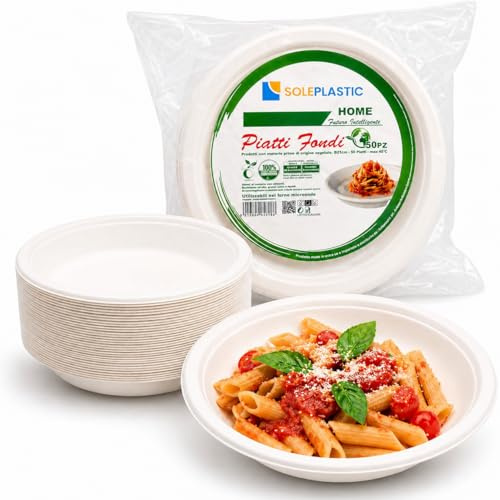 50 Piatti Bianchi Biodegradabili da 21 cm - in Polpa di Cellulosa - RESISTENTI e Compostabili - Piatti Fondi RIUTILIZZABILI per Feste, Catering, Picnic e Uso Quotidiano - OTTIMO PER PIATTI CALDI