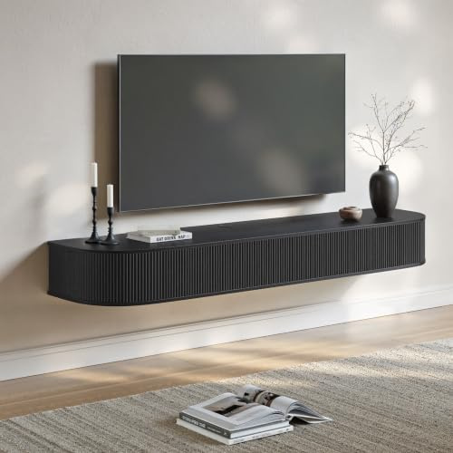 Zurefano Hängendes TV Lowboard 140 cm lang Schwarz Modern | Schwebender TV Schrank für 45–55 Zoll Fernseher, sanft abgerundete Ecken & frontseitige Einfräsvertiefung, im Wohnzimmer