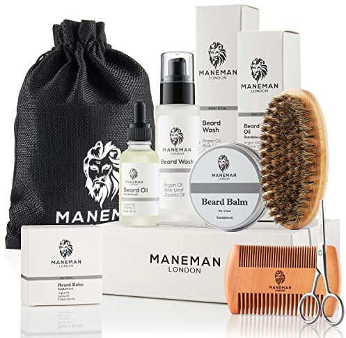 Maneman London Beard Grooming Kit for Men - 7 Piece Gift set, shampoo, oil, softens,itch free relief