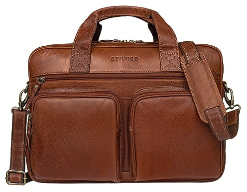 STILORD Caesar Businesstasche 15,6 Zoll Leder Große Umhängetasche Aktentasche für Breite DIN A4 Ordner Laptoptasche für Arbeit Büro Uni Aufsteckbar Echtleder Farbe:Cannes - braun