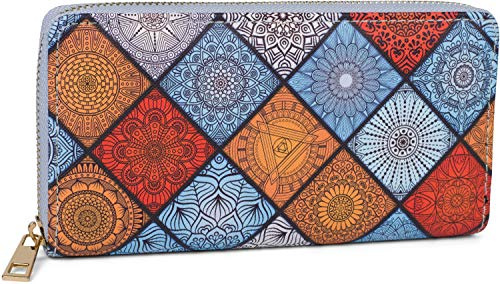 styleBREAKER Damen Geldbörse mit Boho Ornament Muster, Mandala Stil, Reißverschluss, Portemonnaie 02040144, Farbe:Blau-Orange-Weiß