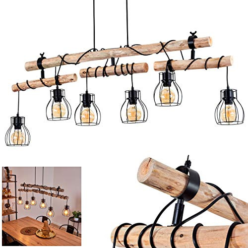 HOFSTEIN Pendelleuchte Gondo, Hängelampe aus Metall/Holz in Schwarz/Braun, 6-flammig aus Naturholz und schwarzem Metall, gitterförmige Lampenschirme, Höhe bis max. 130 cm, Küche, Wohnzimmer, Esszimmer
