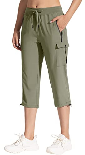 MOCOLY Pantaloni Trekking Traspiranti Leggeri 3/4 Donna Pantaloni Capri Impermeabili Estivi Pantaloni Pinocchietto Montagna Cargo Pantaloni Sportivi al Ginocchio con Elastico in Vita Verde S