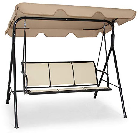 RELAX4LIFE Hollywoodschaukel, Schaukelbank mit verstellbarem Sonnendach, Gartenschaukel für 3 Personen, Gartenbank mit Metallrahmen & atmungsaktiver Sitzfläche, Schaukel bis 240 kg belastbar (Beige)