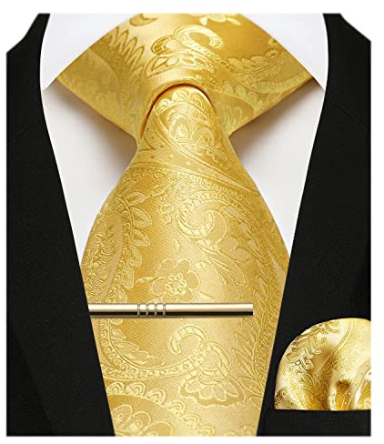 Enlision Cravate Jaune Paisley et Mouchoir de Poche Avec Ensemble de Pinces à Cravate Cravates de Mariage Formelles Pour Hommes,Jaune