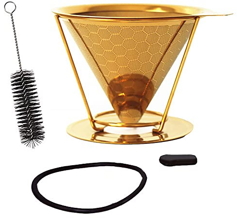 Filtre à café, compte-gouttes permanent sans papier, filtre à café en acier inoxydable avec support pour cafetière manuelle, filtre conique en maille (doré)