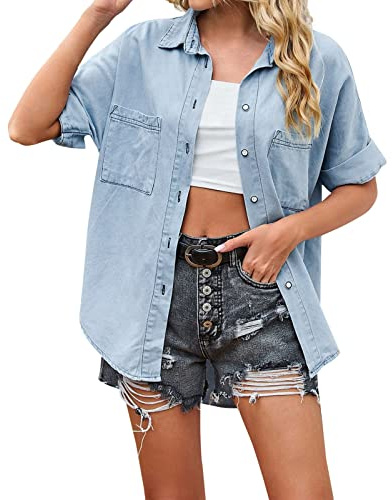 Dam jeansskjorta kortärmad skjorta blus sommartoppar revers denim skjortor med knapp retro t-shirt skjorta blus lös ledig jeansblus sommarskjorta toppar, Ljusblå, XL