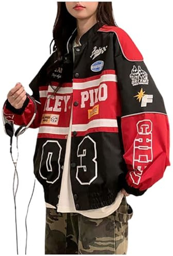 POHADON Varsity Jacke für Frauen Patchwork Langarm Racing Bomber Letterman Jacken Farbblock Y2k Vintage Streetwear, Rot/Ausflug, einfarbig (Getaway Solids), M