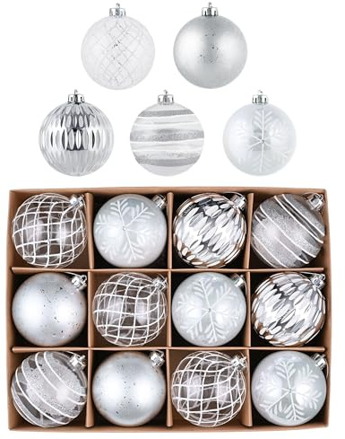 Victor's Workshop Weihnachtskugeln,12 stück 8cm Christbaumkugeln Weihnachtskugel Transparent, Weihnachtsbaumschmuck Christbaumschmuck mit Aufhänger,deko Weihnachten,Thema Silber Weiß(L)