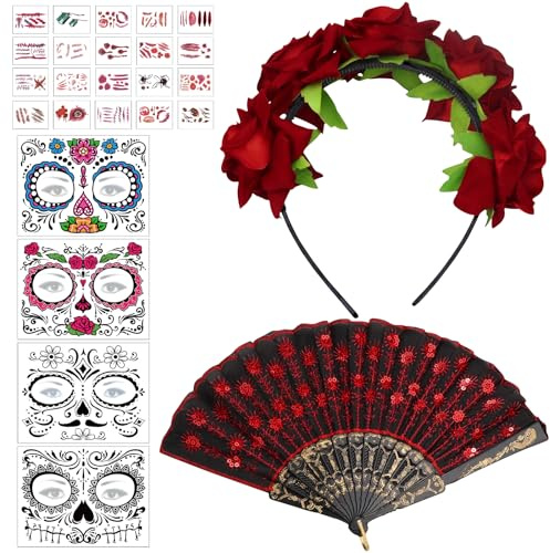 Leonshco Dia De Los Muertos - Cerchietto per capelli con motivo floreale messicano, costume con tatuaggio facciale e ventaglio in pizzo per carnevale, cosplay