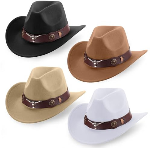 Panitay Klassischer Western-Cowboyhut für Herren, Filz, breite Krempe, Hüte, Damen, Gürtelschnalle, Panama für Erwachsene, 4 Farben, 4 Stück, Schwarz, Weiß, Khaki, Dunkles Khaki, MEDIUM
