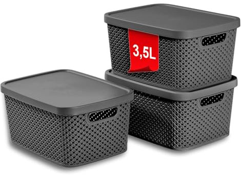 astor24 PREMIUM 3er XXL Set Aufbewahrungsbox Korb mit Deckel Organizer Ideal für Büro, Kleiderschrank, Schrank, Küche & Haushalt (Anthrazit, 3er Set 3. 5 Liter)