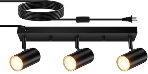 AUQUEE 3 Light Track Lighting Kit,Black 3 Way Modern Plug in Ceiling Spotlight,Industrial LED Wall Light for Kitchen Cabinet Gallery Bar Hallway Living Room,Rocker Switch,15 Foot Cord(No Bulb)