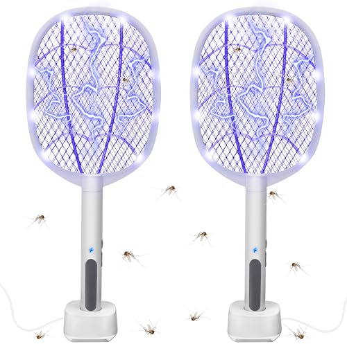 Electric Fly Swatter Rackets, 2-in-1 Handhold Bug Zapper with 3000V High Voltage, Plug-in Mosquito Killer Insect Light Trap with 3 Layer Safety Mesh Portable for Indoor Outdoor Use (2)