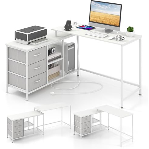 COSTWAY Escritorio Esquinero, Puerto de Carga USB y Toma de Corriente, Escritorio en L con 3 Cajones de Cajones de Tela y Estante, 2 Formas, 140 x 105 x 75 cm, Mesa en L para 2 Personas(Blanco)