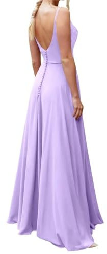 Vestidos de dama de honor de gasa para mujer, largos, tirantes delgados, cuello redondo, acampanado, sin mangas, espalda abierta, vestido formal, Lila, 48