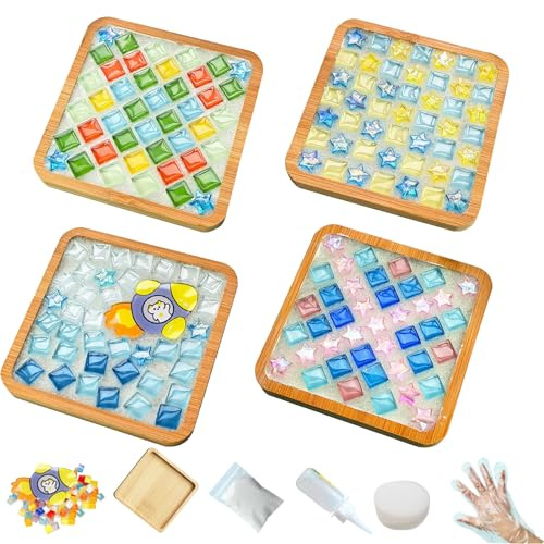 Pasdrucn 4 Stück DIY-Mosaik-Untersetzer-Set, Mosaik Untersetzer Bastelbedarf, Mosaik Bastelset Kinder Erwachsene, Porzellan-Mosaik -Kit Für Die Herstellung Von Untersetzern (Quadrat)