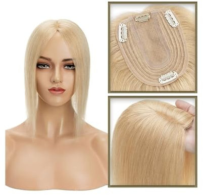 Haartopper für Frauen 6–18 Zoll Echthaar-Topper for Frauen, 10 x 12 cm, Mittelteil, Vollseidenbasis mit 4 Clips, glattes Indisches Haar, Haarteil for dünner werdendes Haar oder Haarausfall Haarteil (