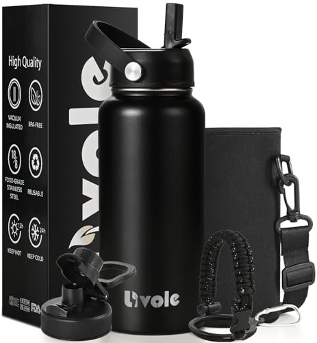 Livole Stainless Steel Water Bottle for Women, Men, 32oz 950ml Insulated Water Bottles for Sports, Gym, Travel, Climbing, Vacuum Metal Water Bottle with Straw and 2 Lids, Bottle Carrier, Black