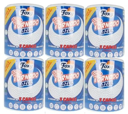 Foxy Tornado Azul Papel Multiusos, 1 Kg de papel(cada una), 340 servicios por cada rollo, Certificación PEFC,Paquete reciclable producido con plástico reciclado- 6 unidades