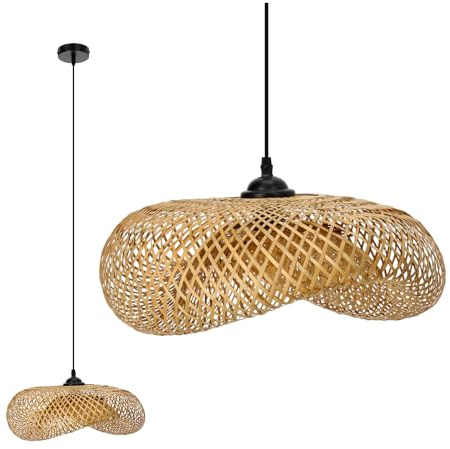 ekobi Hängelampe Rattan-Pendelleuchte im Boho-Stil E27 Bambus Wohnzimmer Pendelleuchte Rattan Esstisch Esszimmer Lampe Hängeleuchte Farbe: Natur (BRUGIA M)