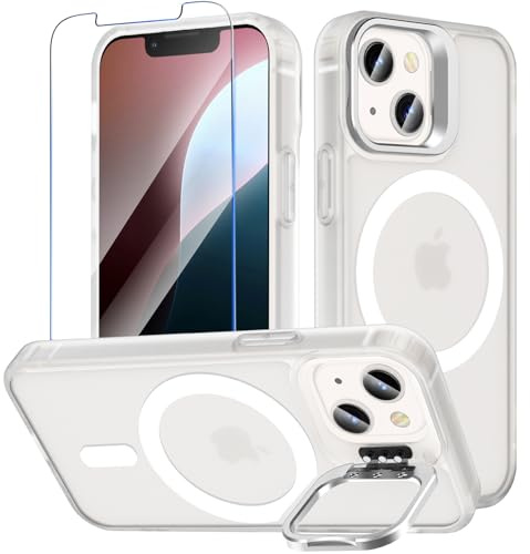 OWKEY Funda magnética para iPhone 13/12 Mini con soporte, translúcida mate con cristal protector blindado, compatible con MagSafe, protección militar contra caídas, antigolpes, semitransparente