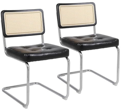 Generisch 2er-Set Küchenstuhl Esszimmerstühle Rückenlehne aus Rattan Schwingstuhl mit Metallgestell Polsterstuhl für Wohnzimmer Küche(Schwarz)