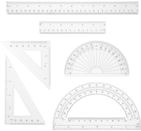 6 Stück Lineal Set, 2 Dreieckslineale 45 | 60 Grad 2 Winkelmesser 180 Grad 2 Gerade Lineale, Geometrie Set Kunststoff Mathematik Set, Transparentes Lineal für Schule Zeichnung Büro Haus Liefert
