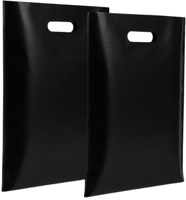BUYERS POINT|Black Plastic Carrier Bag | Reusable Patch Handle Shopping Bags | Elegant Black Design | Gift Shop Carrier Bag| Boutique Retail| Durable Grocery & Food Storage(12x15+3”)