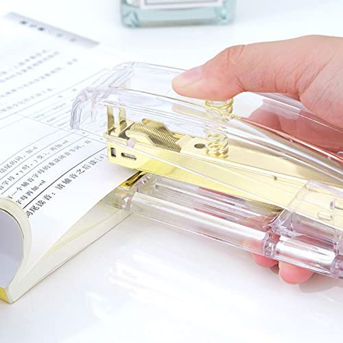 Staplers for Desk, Stapler Minimalist Style Stapler Labor Saving Easy Stapling Acrylic Metal Handheld Stapler Comfortable Grip Staples Small Stapler for Office School (Gold)