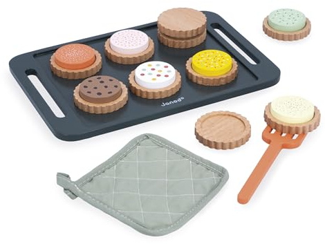 Janod -Atelier Biscuits en Bois - Kit Pâtisserie - Plateau Biscuits avec Gant et Spatule - Jouet d'Imitation pour Enfants - Idéal Accessoires Cuisine Enfant - Dès 3 Ans - J06643