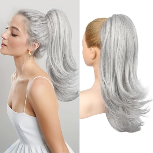 Flufymooz Ponytail Extension, 50 cm Pferdeschwanz Haarverlängerung mit Kordelzug für Frauen weiches, natürlich aussehendes synthetisches Pferdeschwanz Haarteil-Grau/Silber/Weiß gemischt