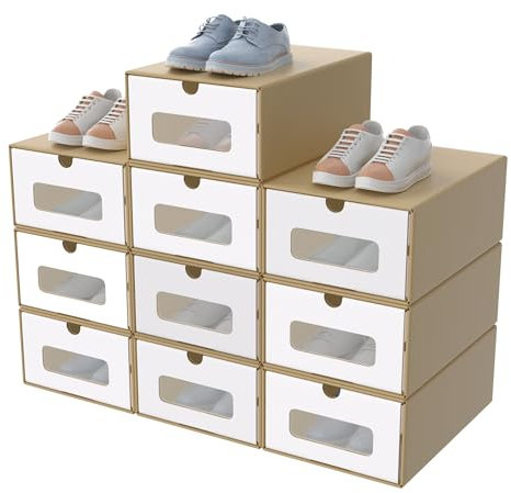 VANCHEMO Scatola per scarpe in cartone impilabile, con coperchio e finestra trasparente, con fessure per scarpe in carta kraft, 10 pezzi