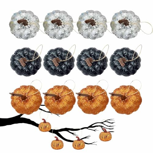 12 Pcs Halloween Tree Pendant, Pumpkin Decorations, Mini Glittery Pumpkin Autumn Decorations, for Halloween Fall Festival Party Harvest Table Decor