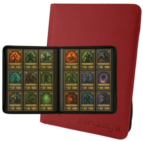 Zenesys Album Raccoglitore Carte Collezionabili, 360 Carte Da Gioco, 20 Pagine, 9 Tasche Per Pagina, Copertina Imbottita In Ecopelle, Album Carte, Album Figurine Con Zip, Senza Anelli, Rosso