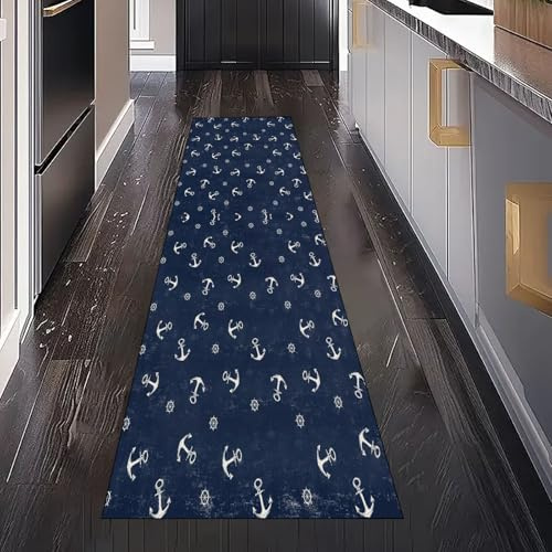 Gaqinhh Nautisch Anker Maritim Steuerrad Teppich Läufer Flur Küche Waschbar rutschfest 60x150 cm, Küsten Muster Teppiche für Bettumrandung Schlafzimmer Teppichläufer für Küchenläufer Eingangsbereich