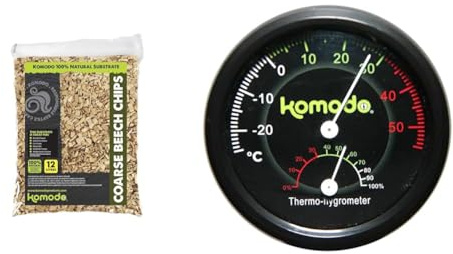 Komodo Reptile Habitat Bundle – Coarse Beech Chips Substrate 12L + Combined Thermometer & Hygrometer, Analog Black (0.04kg), Natural Bedding & Accurate Habitat Monitoring