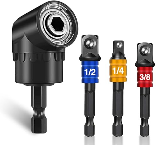 Iruihoo Attacco angolare per trapano, adattatore angolare per avvitatore a batteria 105°, adattatore per bussole esagonali 1/4 3/8 1/2, set di bussole e chiavi per cacciavite manuale, avvitatore