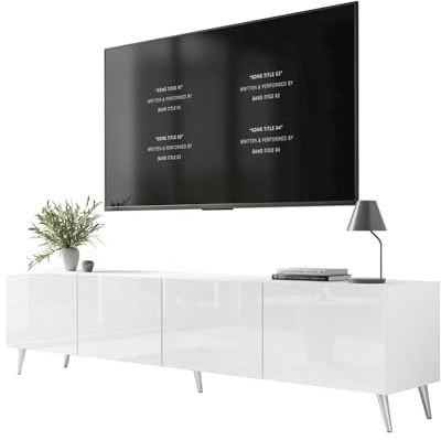 Lookway Moderner TV-Schrank in Weiß Hochglanz, optional mit LED-Beleuchtung auf schrägen Onyx-Beinen – COLGANTE 200 cm (Beine: Silber Chrom, ohne LED Beleuchtung)